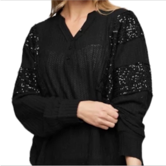DAVI & DANI sequins long sleeve waffle top M black - Picture 4 of 10
